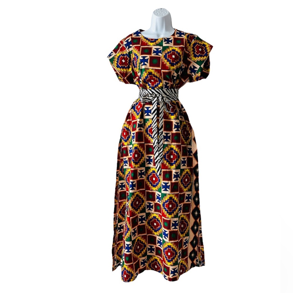 Multicolor Geometric Shape African Print Maxi Length High Split Side Dress M